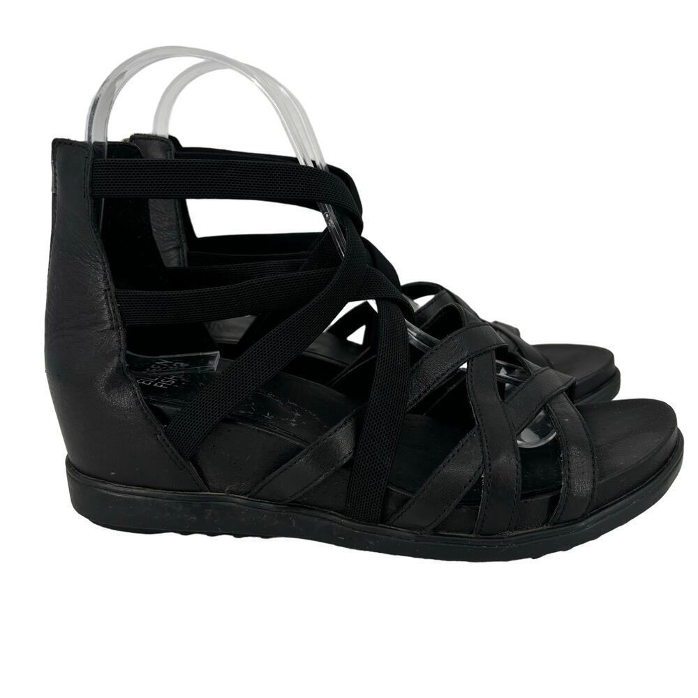 Eileen Fisher Airy Wedge Gladiator Sandal Black Leather Strappy Women's Size 7.5